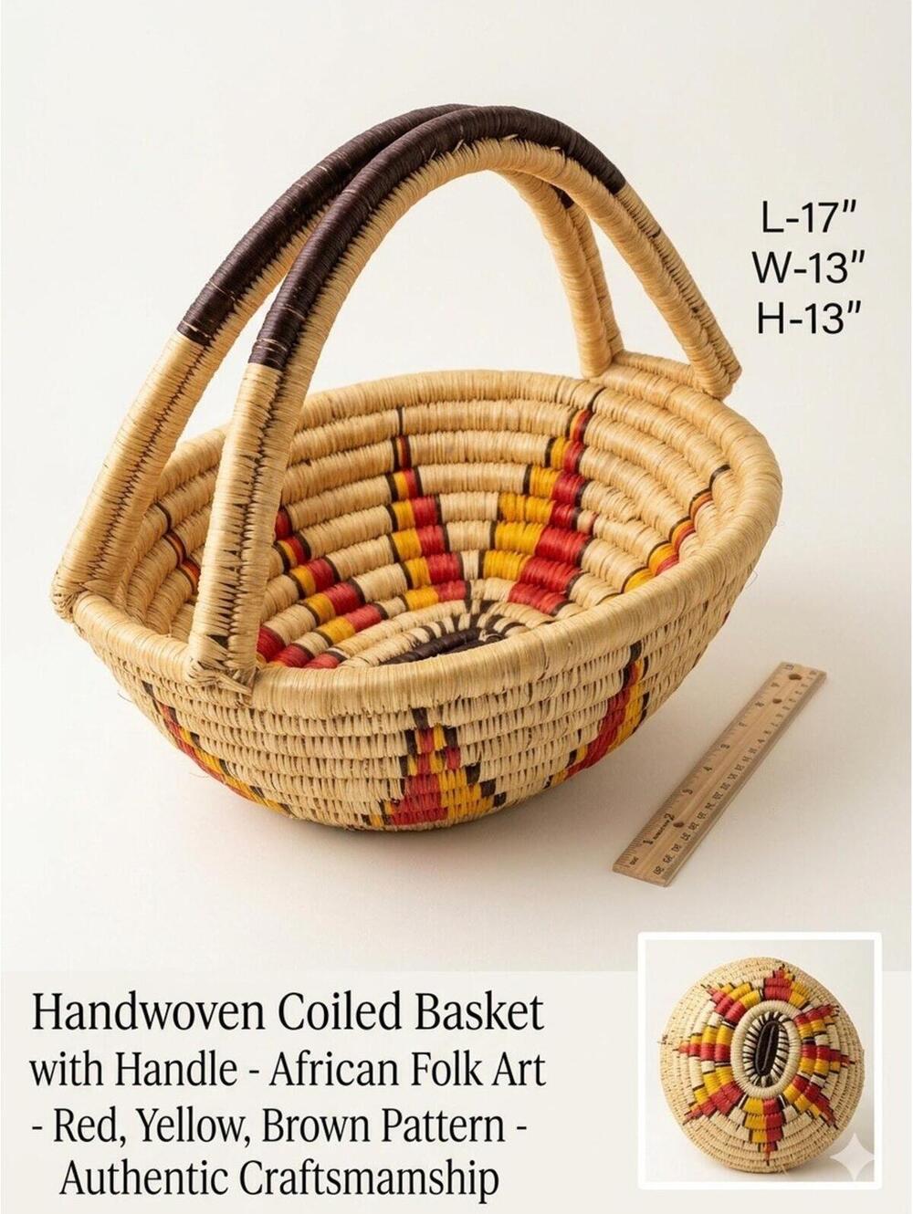 Large Handwoven Coiled Basket with Handle - Boho & African Inspired Art -